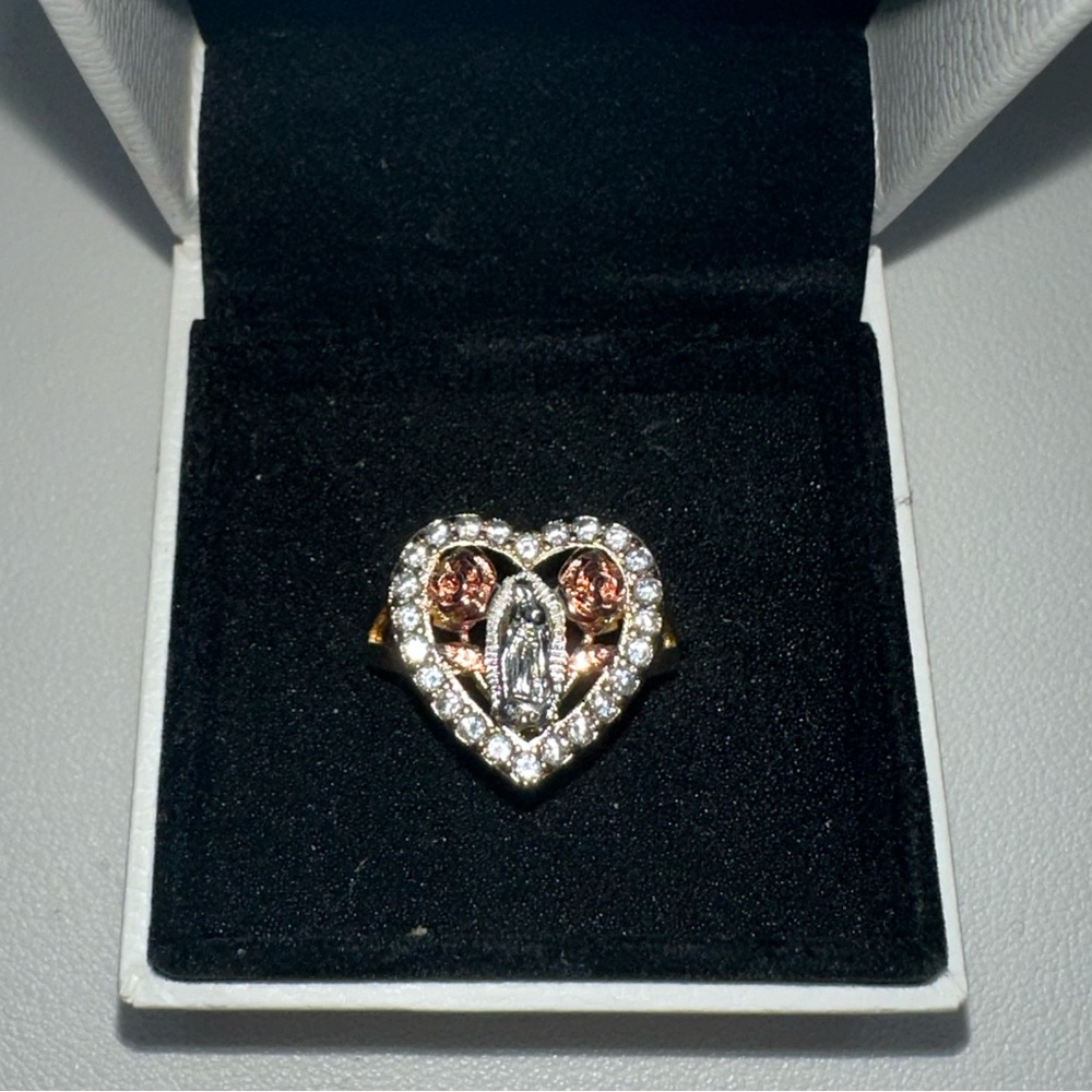 Gold Plated Tri-Color Virgin Mary Heart Flower CZ Ring